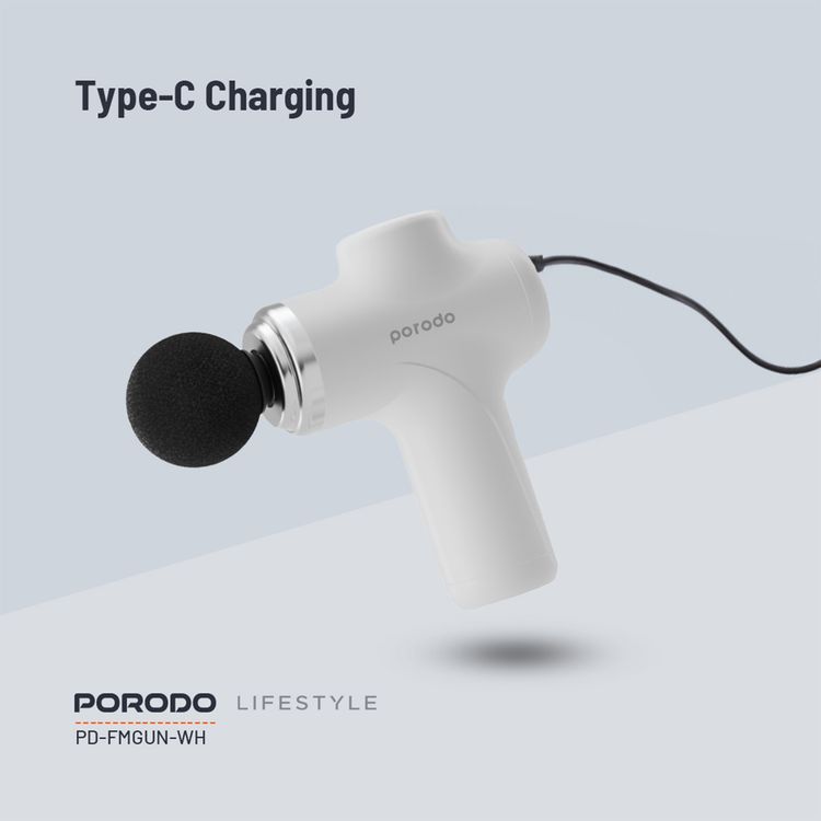 Porodo Lifestyle Precision Handheld Massager with 4 Interchangeable Heads, Up to 120 Minutes Working Time, 2 Hours Charging Time, Type-C Charging Port, 1500 mAh Battery Capacity, 15 W Rated Power, 6 Intensity Levels - White