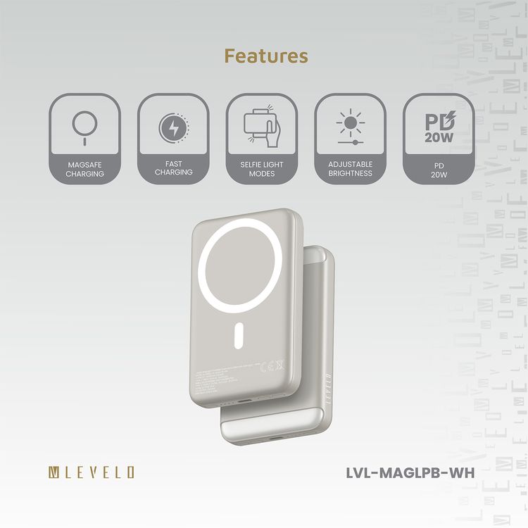 Levelo MagLight Portable Power Bank 8000mAh woth Rear & Selfie Fill Light, 20W Power Delivery, 3 Light Modes, Fast Charging Support, 15W Wireless Charging - Black 