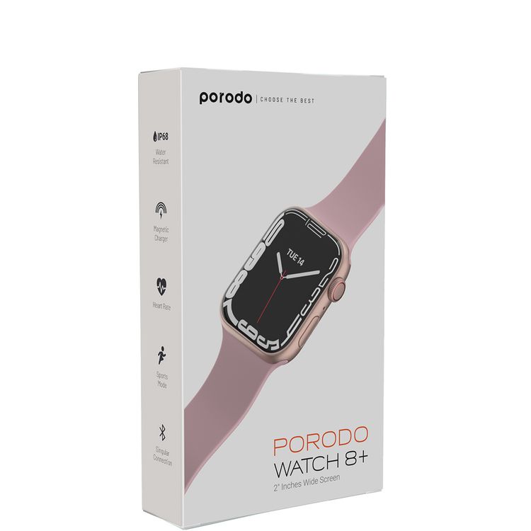 Porodo Smart Watch Series 8+ with Fitness & Activity Tracker, 2" Wide Display, 250mAh Battery Capacity, IP68, 2-3 Days Working Time, Wireless Charging - Pink