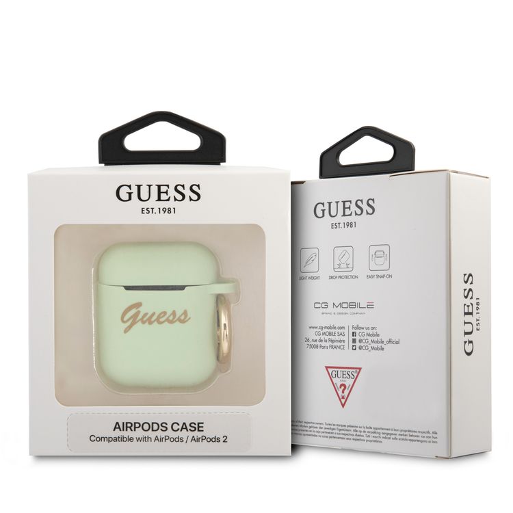 CG MOBILE Guess Silicone Printed Script Case with Anti-Lost Ring Compatible for AirPods 1/2, Scratch Resistant, Shock Absorption & Drop Protection Cover Officially Licensed - Light Green
