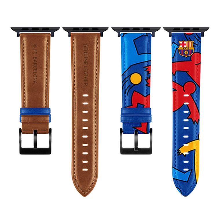 فرقة جلدية حقيقية لنادي برشلونة لساعات أبل 49 ملم، مصنوعة بمهارة من مواد فاخرة، ملائمة للبشرة، نوع إغلاق دبوس ودُس، متينة وناعمة - تصميمات ظلية للعب.