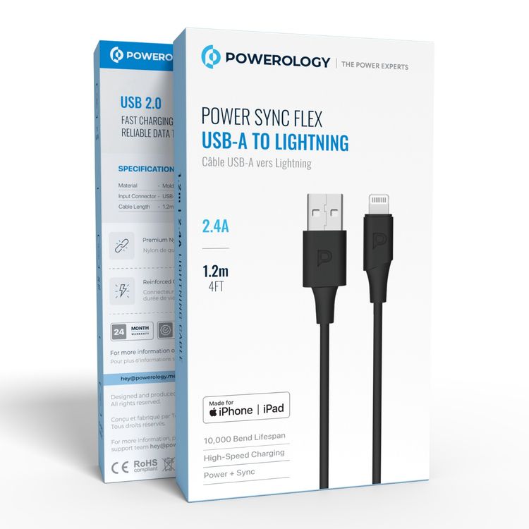 كيبل باورولوجي باور سينك فليكس USB-A إلى لايتنينغ بطول 1.2 متر، عمر افتراضي يصل إلى 10000 انحناء، شحن سريع ونقل بيانات، مصنوع من مادة TPE مصبوبة، سرعة نقل بيانات تصل إلى 480 ميجابت في الثانية - لون أسود