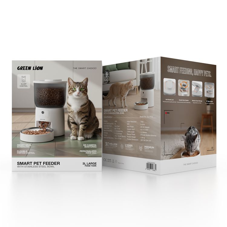 Green Lion Smart Pet Feeder with Stainless Steel Bowl, 3L Large Food Tank, Smart Food Scheduling, Flexible Portion Control, HD Camera Monitoring, Personalized Voice Call, Remote Feeding, Pet-Safe Key Lock, Video Recording, Dual Power Supply, Real-Time Alerts, Feeding History, Wi-Fi Control - White