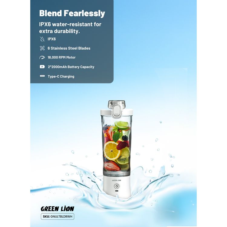 Green Lion Ultimate Blender, 600mL Jar Capacity, 6 Powerful Blades, Normal/Pulse Modes, Handy Loop, Direct drink, Two Blend Modes - White