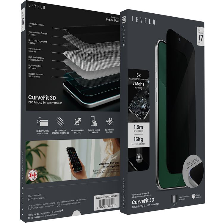 Levelo Curve Fit 3D DLC Privacy Screen Protector for iPhone 17 Air, High-Performance Optical Adhesive, Impact-Resistant Silicone Layer, Edge-to-Edge Fit, Smooth Touch Experience, Anti-Fingerprint, Oleophobic Coating - Black