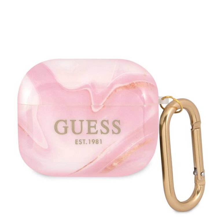 Guess Marble Case for Airpods 3 with Exact Cutouts, Raised Edges to Extra Protection, Glossy Finish, Elegant Marble Pattern, High-quality TPU Material, Drop Protection and Scratch-resistant, Easy Installation, Lightweight - Pink