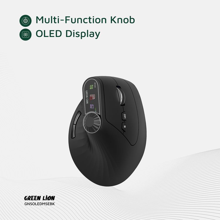 Green Lion Smart OLED Vertical Mouse with Ergonomic Design, Multi-Function Knob, 65 Hours Working Time, Dual Mode Switching - Black