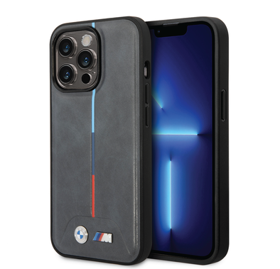 BMW M Collection Quilted PU Case with Hot Stamped Tricolor Stripe and Printed Logo iPhone 14 Pro Compatibility - Grey