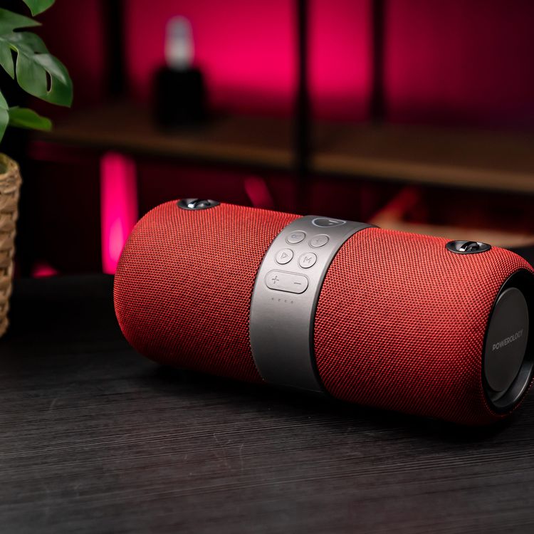مكبر صوت ستيريو محمول بتقنية البلوتوث من باورولوجي سايفر مع إضاءة RGB، وقت تشغيل يصل إلى 5.5 ساعات، بطارية بسعة 3600 مللي أمبير، نطاق نقل يصل إلى 10 أمتار، متوافق مع سيري ومساعد جوجل الذكي - اللون الأحمر