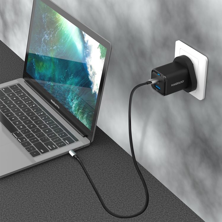 Powerology Super Compact Quick Charger with USB-C To Lightning Braided Cable, 35W Power Delivery, Simultaneous Fast Charging, Lightweight & Portable - Black