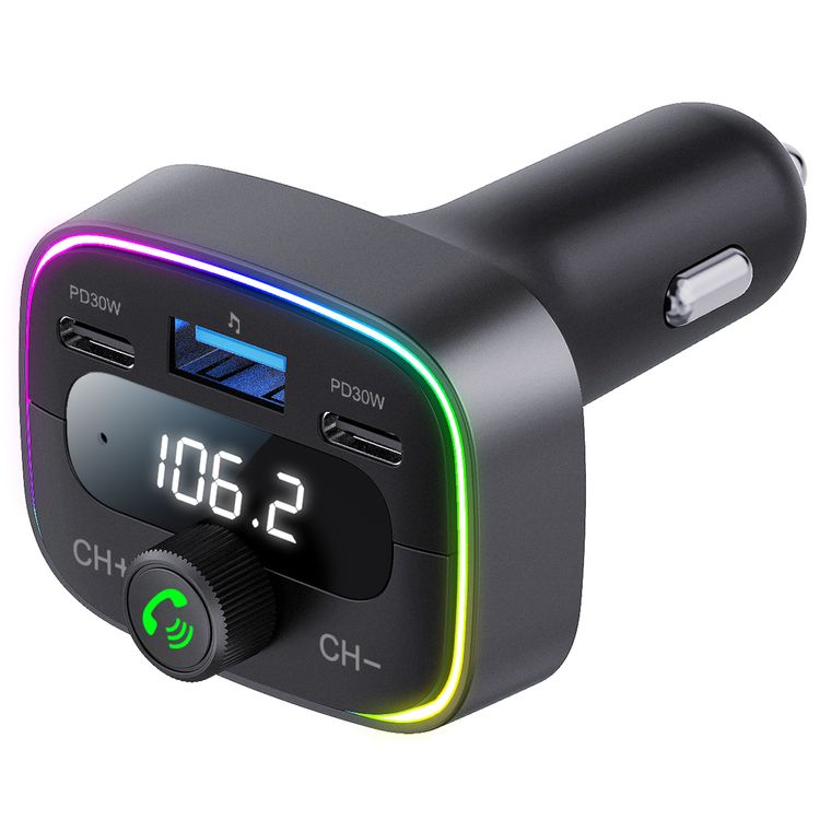 Porodo Smart Car Charger FM Transmitter with Dual PD 30W, Bluetooth 5.4, USB Disk Reading, Car Battery Voltage Display, Crisp Mic, Bass Boost Sound, LED Ambient Light, and FM Audio Streaming – Black