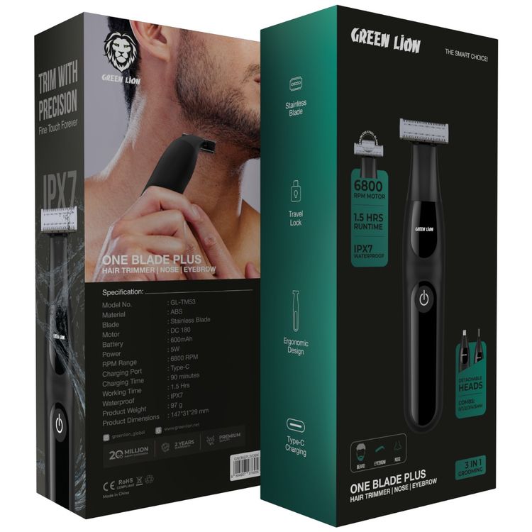 Green Lion One Blade Plus Trimmer with Detachable Heads, 1.5 Hours Working Time, 600mAh Battery, USB-C Charging Port, 5W Power, Nose, Eyebrow & Hair Trimmer - Black