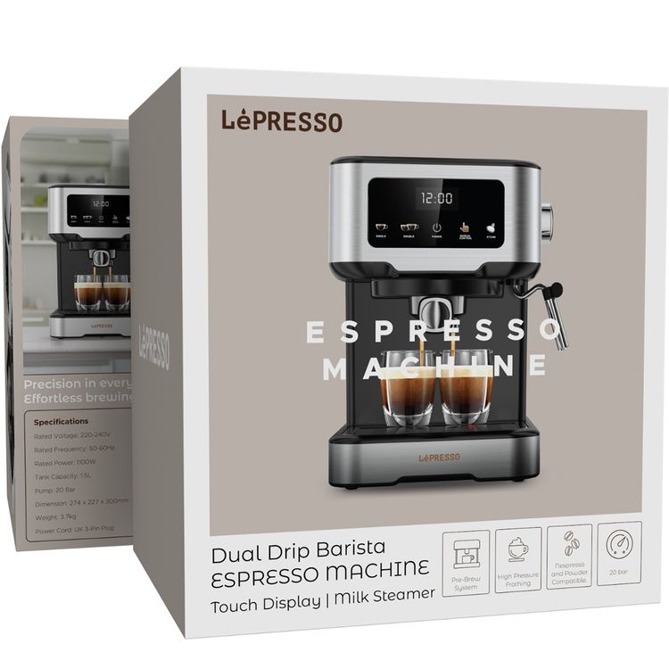 LePresso Digital Coffee Machine with 20 Bar Pressure Pump, High Pressure Frothing, Pre-Brew System, 1100W Rated Power, 1.5L Tank Capacity  - Black