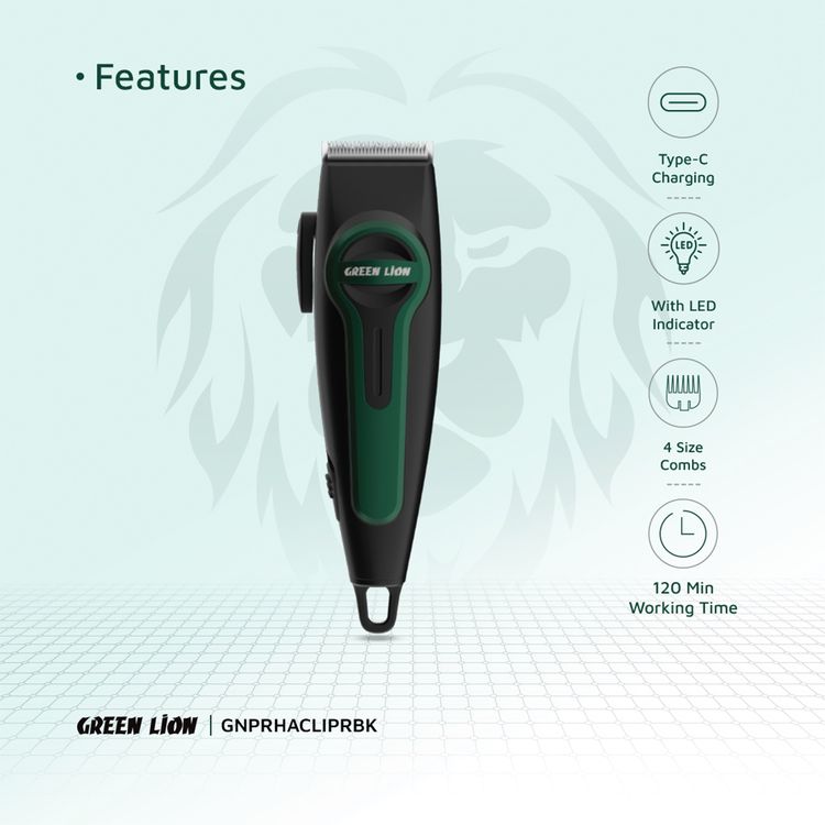 Green Lion Professional Hair Clipper with 4 Size Combs, Stainless Steel Material, 120 Minutes Working Time, 2.5 Hours Charging Time, 1200mAh Lithium Battery, Type-C Charging Port, LED Indicator - Black