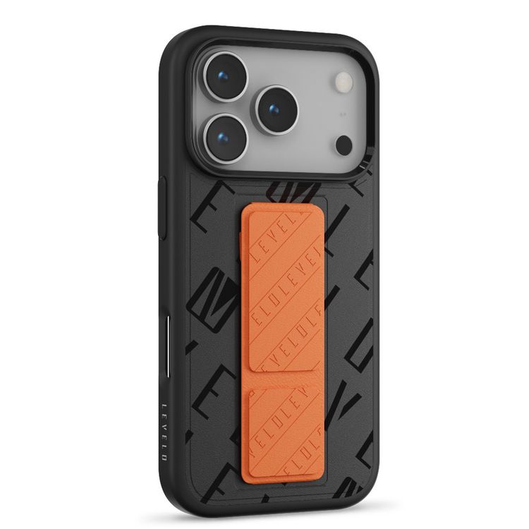 Levelo Morphix Vallo Faux Leather GripStand Case for iPhone 17 Pro Max, MagSafe & Magnetic Compatibility, Horizontal & Vertical Stand Positions, True Microfiber Interior Lining, Shock-Resistant Bumper, Strong Magnets - Onyx Flame