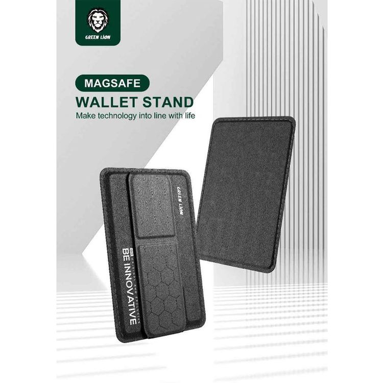 Green Lion Innovative MagSafe Wallet with Built-in Kickstand, Leather Material, Magnetic Fold Down, Snap-On Design, Maximum Two-Card Capacity - Black
