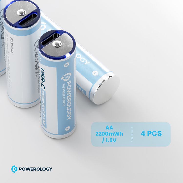 Powerology Rechargeable Lithium-ion AA Battery with 1460mAh Battery Capacity, 1.5V Operating Voltage, Type-C Port, Over 1000 Life Cycles, 2200mWh Battery Power - White