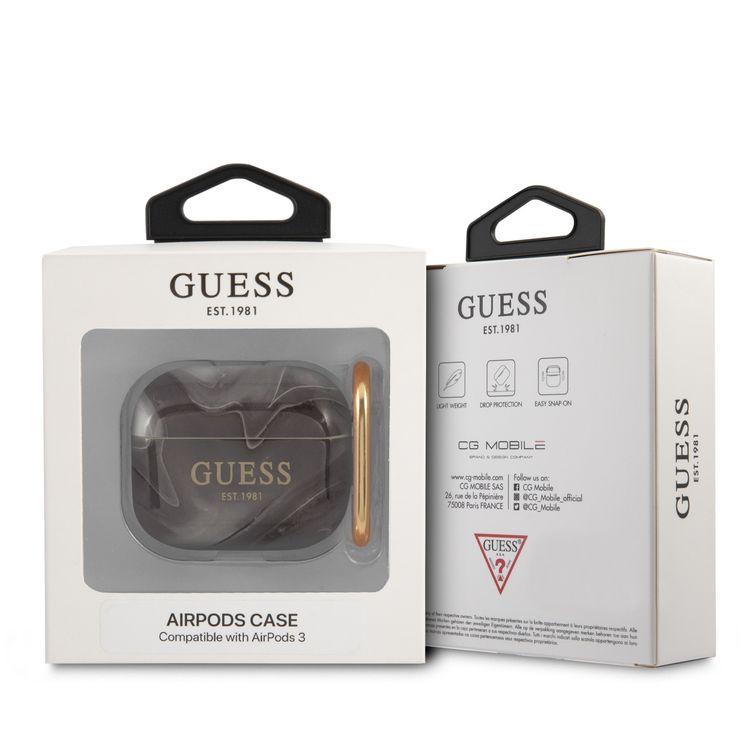 Guess Marble Case for Airpods 3 with Exact Cutouts, Raised Edges to Extra Protection, Glossy Finish, Elegant Marble Pattern, High-quality TPU Material, Drop Protection and Scratch-resistant, Easy Installation, Lightweight - Black