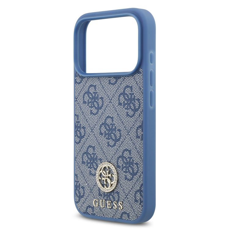 جراب جلد PU 4G من Guess مع شعار كلاسيكي ومرصع لـ iPhone 17 Pro، تصميم خفيف الوزن، حماية من السقوط، سهل التركيب، بروفايل نحيف، تغليف مستدام، قبضة مريحة - باللون الأزرق