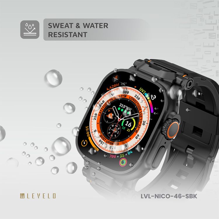 Levelo Nico Watch Strap for Apple Watch 49/46mm with Metal Buckle Closure, Compatible with SE Series 9, 8, 7, 6, 5, Silicone & Stainless Steel Finish, Lightweight & Flexible Fit, Sweat-Resistant & Water-Resistant, Hypoallergenic Material, Extended Band Interaction - Stealth Black