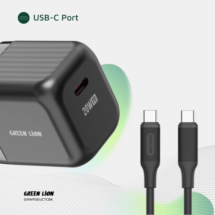 Green Lion Ultra Compact GaN Wall Charger with Single USB-C Port and USB-C to USB-C Cable, PC Flame Retardant Material, Fast Charging Support, Charging Protection, Universal Compatibility, Ultra Portable - Black