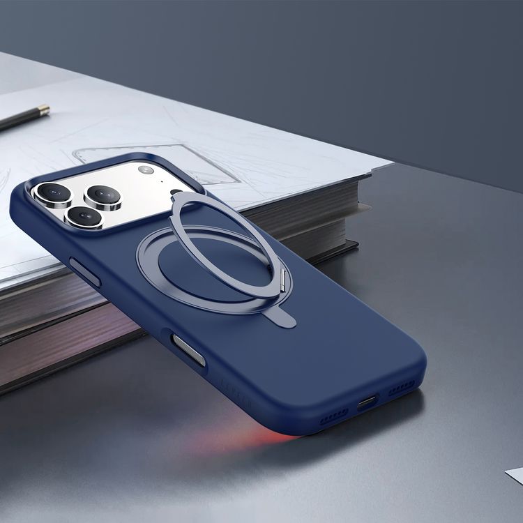 Levelo Iris Pro MagSafe Liquid Silicone Case with Built-in 360° Kickstand for iPhone 17 Pro, Metal Accents, Shock-Resistant Bumper, Aluminum Alloy Frame for Camera & Buttons, Drop-Tested, Strong Magnets, Premium Silicone Grip - Dark Blue