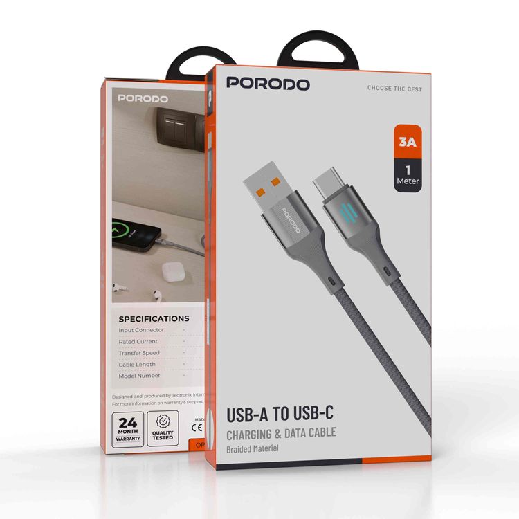 Porodo USB-A to USB-C Charging & Data Cable with 27W PD Output, 480Mbps Data Transfer Rate, 1m Cable Length, Durable Braided Material, Tangle-Free, Optimal Charging, Enhanced Durability - Gray