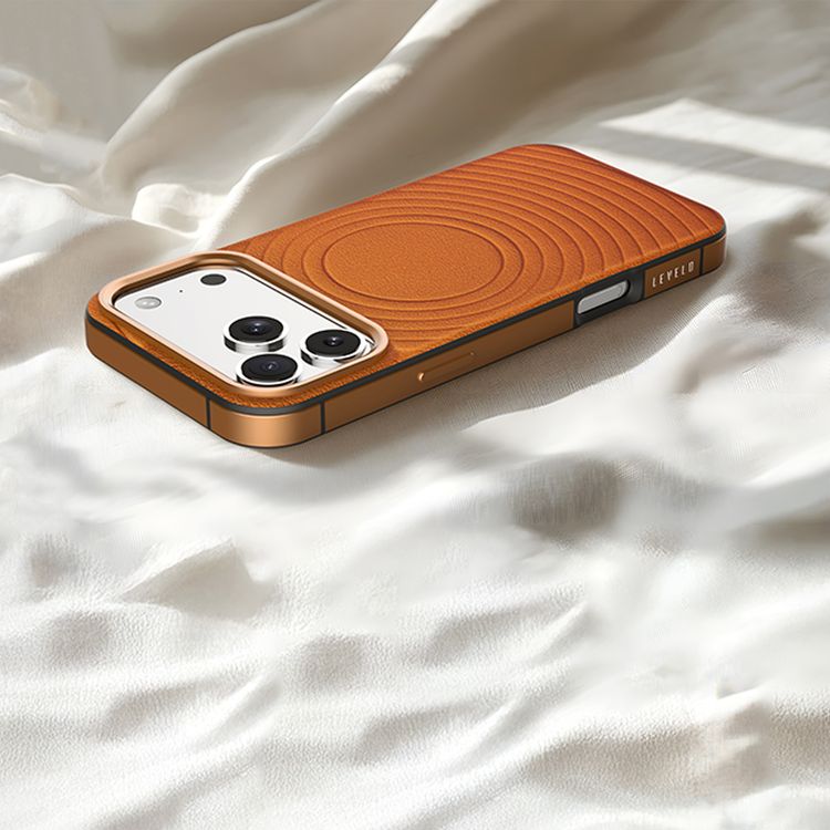 Levelo Spirale PU Leather Hybrid Case for iPhone 17 Pro Max, MagSafe Compatible & Strong Magnets, Impact-Resistant, Shock-Resistant Bumper, Aluminum Alloy Frame for Camera & Edges, Drop-Tested - Sunrise Orange