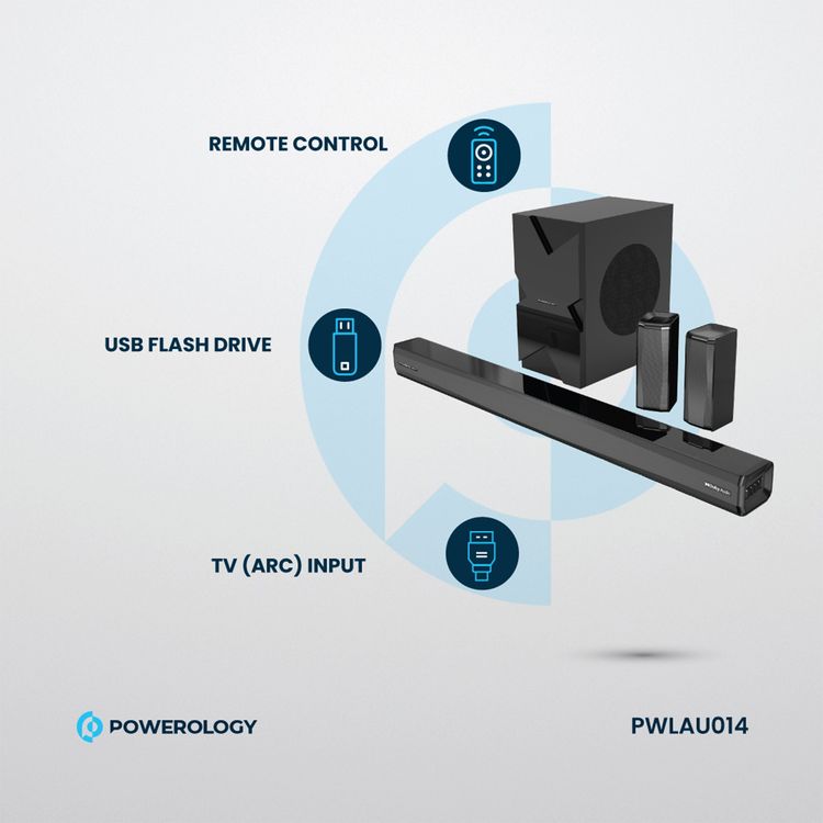 Powerology 5.1CH Home Theater Soundbar with Dolby Audio with Wireless Subwoofer/Surround, 10M Bluetooth Range, LED Display, Remote control, TV ARC Input, USB & AUX Port -  Black