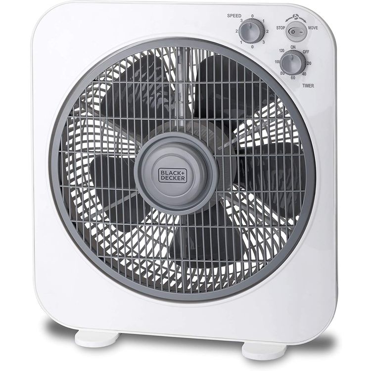 Black+Decker 40W 12 Inch Box Desk Fan with 3 Speed Settings (Low/Medium/High), 5-Blade System, Adjustable Bi-Directional Airflow, Portable and Travel-Friendly Design for Optimal Air Circulation – White