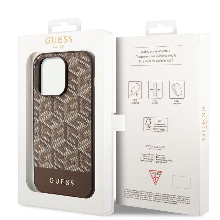 Guess Magsafe Leather Case with Gcube Stripe Pattern - Brown - iPhone 15 Pro