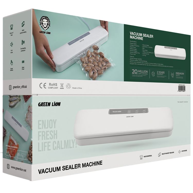 Green Lion Vacuum Sealer Machine with 10-20 Seconds Vacuum Sealing Time, Pre-cut Vacuum Bag Included, 30cm Maximum Sealing Length, Overheat Protection - White