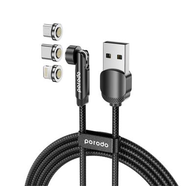 كابل Porodo 3in1 TPE 1M أسود مع رأس قابل للدوران لـ Micro...