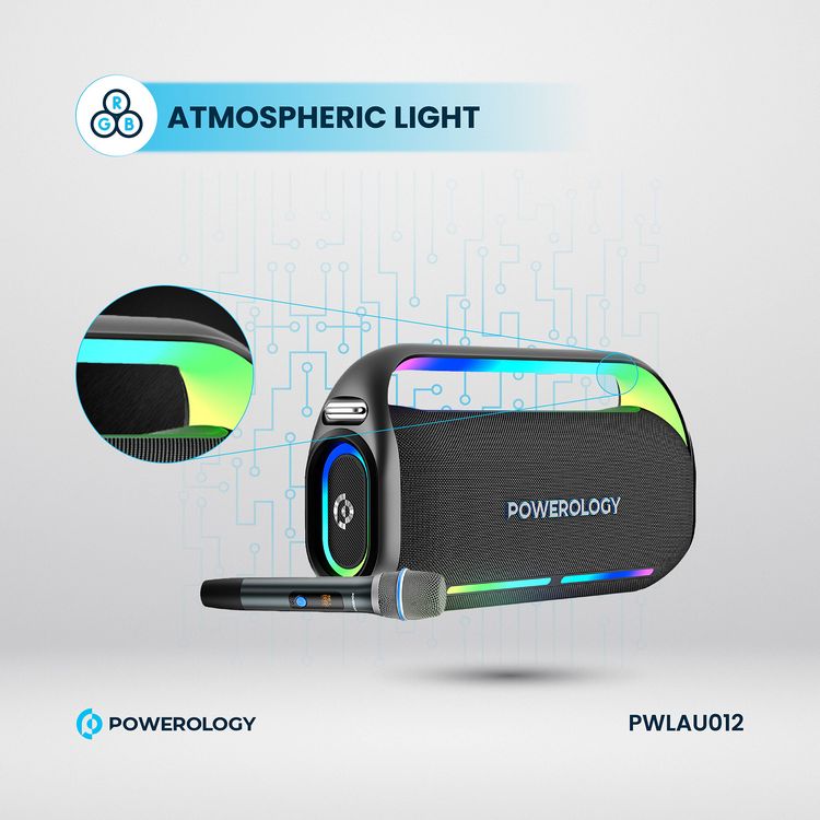 Powerology TWS Karaoke Speaker 150W with Mic and Remote, Bluetooth Version 5.0 + DSP, 18000mAh Battery Capacity, 12 Hours Working Time, 7.5 Hours Charging Time - Black