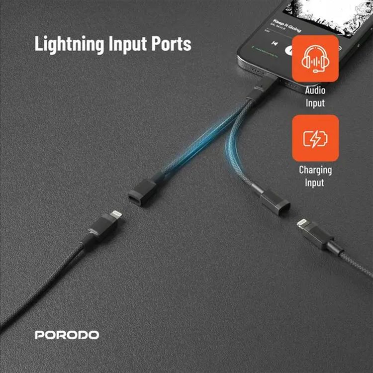 محول Porodo Audio & Charge مع موصل Lightning، صوت نقي، شحن مثالي، مدخلات للصوت والشحن عبر Lightning، توافق واسع، الشحن والتشغيل في نفس الوقت - أسود