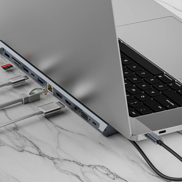 Green Lion 12-in-1 4K HDMI Ethernet USB-C Hub with 3× USB-A, 2× USB-C, 2× HDMI, SD/TF Card, RJ45, VGA & AUX Ports, Aluminum Alloy Material, 100Mbps Fast Ethernet, 29cm Cable Length, 5Gbps Data Transfer, Non-Slip Surface - Gray