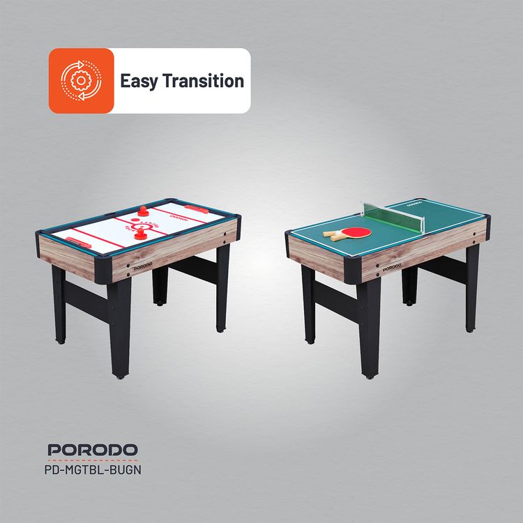 Porodo Lifestyle Multi-Game Table with Foosball Table, Billiard Table, Hockey Table & Table Tennis, Easy Transition, Quick Set-up, Full Package Accessories - Brown