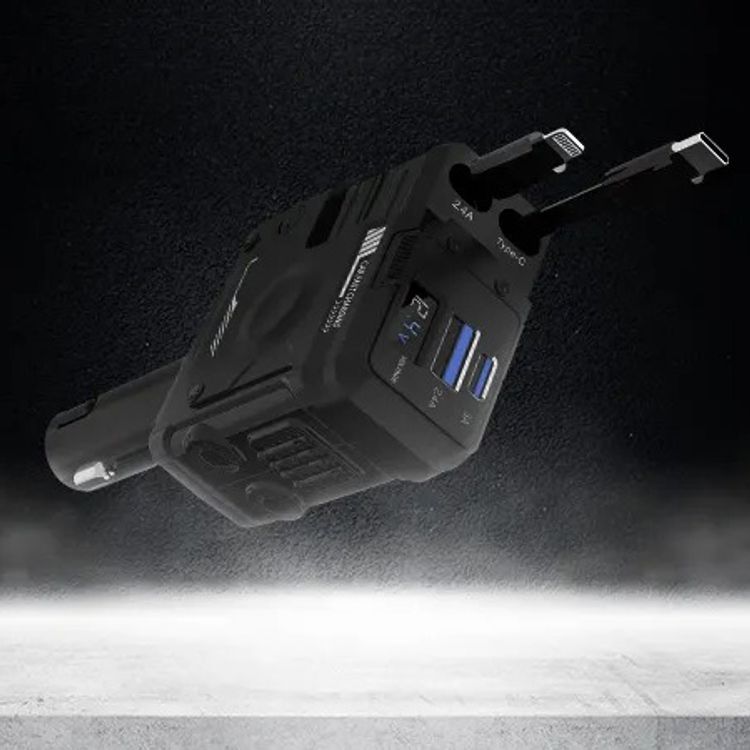 Porodo 66W Car Charger with Lightning & Type-C Wires, PD 36W, Universal Compatibility, Simultaneous Charging, 80cm Cable Length - Black