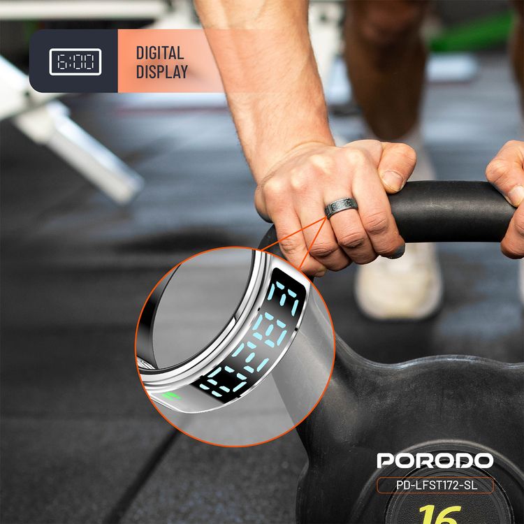 Porodo FitSync Smart Ring with Digital Display with Touch Scroll Function in Small Size 7, Up to 4 Days Active Use Time, 96KB Ram & 128KB ROM, Camera Gesture Control, Activity Tracking & 128 Sport Modes - Silver