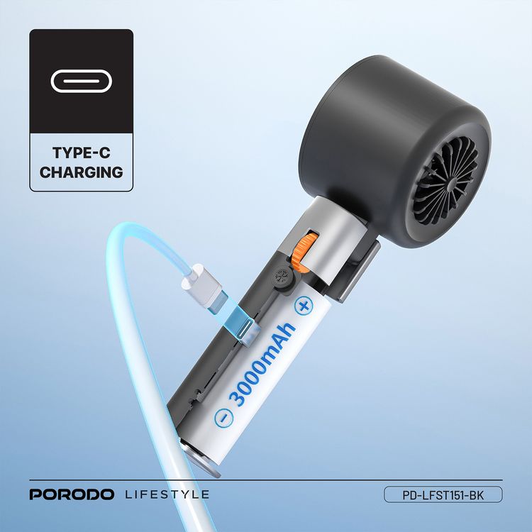 Porodo Lifestyle Handheld Turbo Fan with 100-Level Wind Speed Adjustment, Up to 4 Hours of Working Time, 13000RPM Operating Speed, Integrated Flashlight, 90° Folding Design - Black