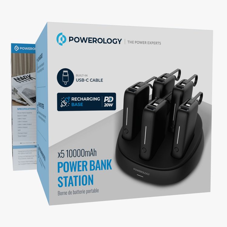 Powerology 5 x 10000mAh Power Bank Station with 50W PD, USB-A, USB-C, Type-C Built-in Cable, 12V/1A Max Contact Input, Rapid Recharging Station, High-Density Batteries, Type-C Built-in Cable, 5V/3A Total Output, Built-in Safeguards - Black