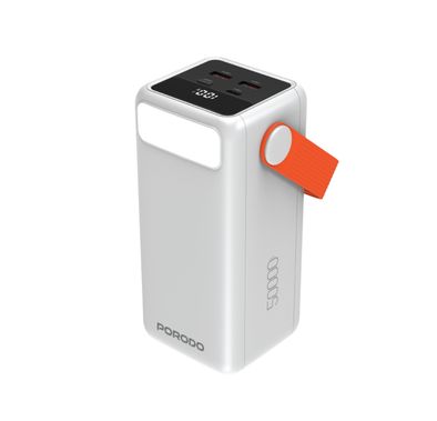 Porodo PortaPower 50000mAh Power Bank with Built-in LED Lighting, PD 20W, 22.5W Max USB-A Output, Flashlight, Portable Handle, Multiple Output Ports, Smart Protection Features, Fast Charging - White