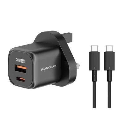 شاحن حائط Porodo ثنائي المنفذ مع كابل USB-C إلى Lightning