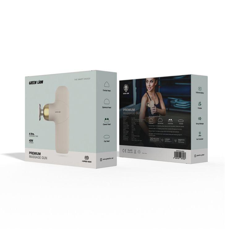 Green Lion Premium Massage Gun with 4 Interchangeable Heads, 1500mAh Battery Capacity, Up to 4 Hours Working Time, 40W Power, 4-Speed & Dual Mode