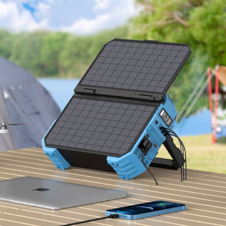 Powerology 600W 192000mAh Portable Generator Integrated Solar Panel, PD 65W, Solar Panel 30W, 18W QC 3.0 - Blue