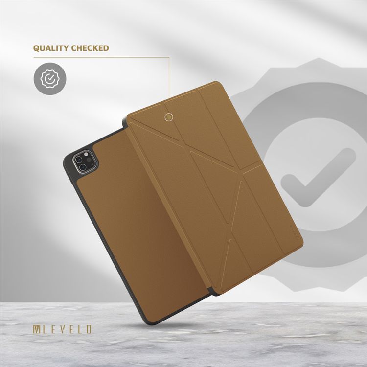 Levelo Elegante Hybrid Leather Case for iPad Pro 11" (4th to 6th Generation), Accurate Cut-Outs, Easy Snap-On, Vertical Orientation & Horizontal Positioning, Shock Absorbent Bumper Case, 360° Protection - Brown