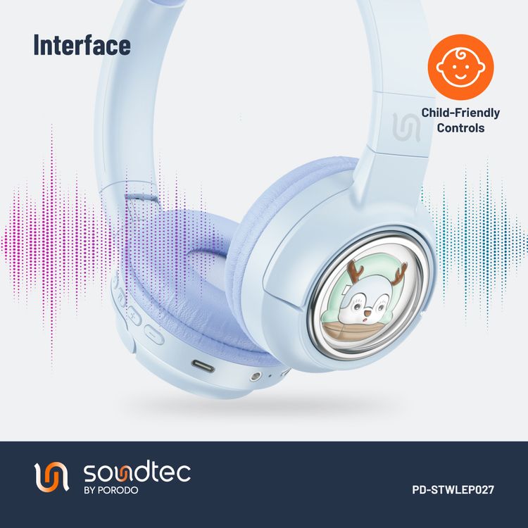 Porodo Soundtec Moose Wireless Kids Headphone, V5.3 Bluetooth, 2H Charging Time, 40mm Speaker Size, 20H Play Time, LED Lights, 400mAh - Blue
