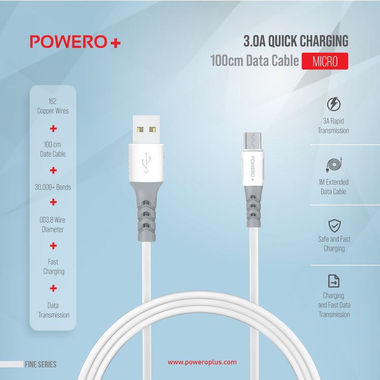 Powero+ Fine Series PVC Micro USB Data Cable 3A 100CM/1M Compatible for Android Micro USB Port Devices - Sturdy Fast Charging & Data Transmission Connector - White