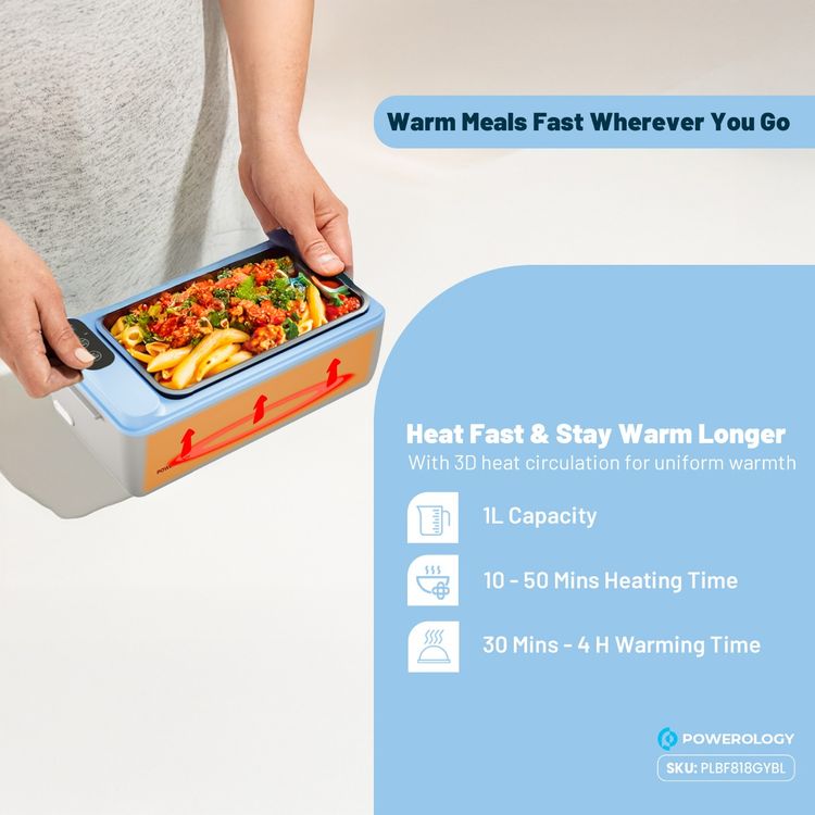 Powerology Lumo Portable Heated Lunch Box 4000mAh Battery, 1L Capacity, Smart Heating, Leakproof Design, Type-C Charging, Freshness Lock for 6 Hours, Insulated Bag – Grey / Blue