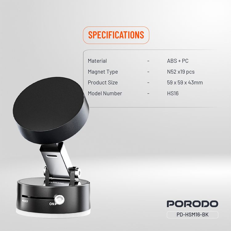 Porodo Multi-Surface Magsafe Mount with Adjustable Viewing Angle, N52 Magnet, One-Hand Operation, Grip-Lock Toggle & One-Touch Lock - Black